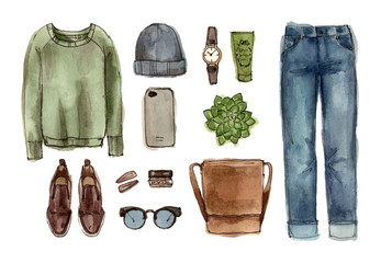 Naklejka premium sketch autumn outfit. hand drawing watercolor fashion illustration. set of isolated elements.
