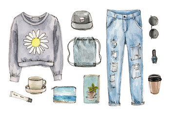 sketch casual outfit. hand drawing watercolor fashion illustration. set of isolated elements.