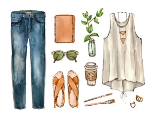 sketch summer outfit. hand drawing watercolor fashion illustration. set of isolated elements.