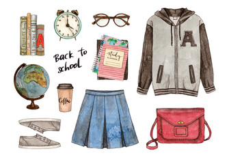 back to school. hand painted watercolor fashion illustration of clothes, accessories and stationery