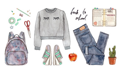 back to school. hand painted watercolor fashion illustration of clothing, accessories and stationery.