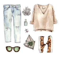 watercolor sketch fashion outfit, a set of clothes and accessories. casual style. isolated elements