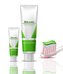 Toothpaste realistic Vector packaging mock up. Green bio products tubes and brush