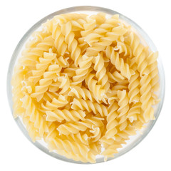 Fusilli pasta in bowl isolated on white background with clipping path