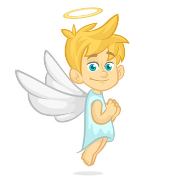 Vector cartoon illustration of Christmas angel with nimbus and wings prays