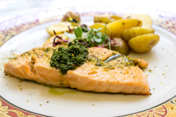 Grilled Salmon with fresh lettuce and mash potatoes