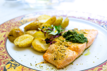 Grilled Salmon with fresh lettuce and mash potatoes