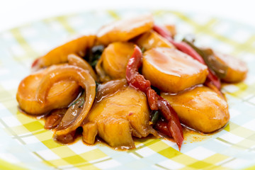 wok fried Scallops stir fry with sweet peppers and chinese vegetables