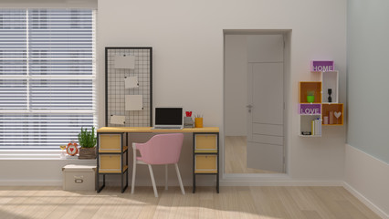 interior colurful decoration room,3D rendering front of clean wall simple home Office