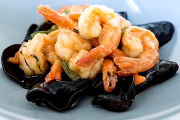 wok fried Shrimp stir fry with sweet peppers and chinese vegetables