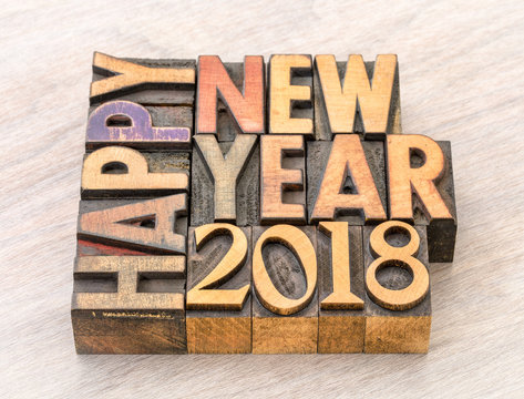 Happy New Year 2018 in wood type