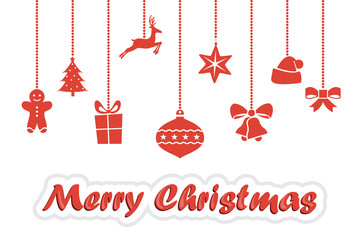 Fototapeta na wymiar Various hanging Christmas icons with Merry Christmas text