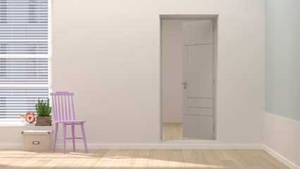 White chair in front of clean wall simple home 3d rendering and sunlight simple home interior design feeling comfortable