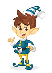 Cute cartoon little boy Santa helper elf stand on white background isolated. Christmas chracter presenting