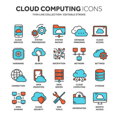 Cloud omputing. Internet technology. Online services. Data, information security. Connection. Thin line blue web icon set. Outline icons collection.Vector illustration.