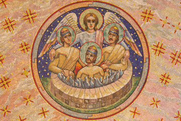 Fototapeta na wymiar LONDON, GREAT BRITAIN - SEPTEMBER 17, 2017: Mosaic of Shadrach, Meshach, and Abednego in a fiery furnace in Westminster cathedral designed by Boris Anrep (middle 20. cent.).