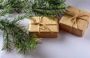 Fototapeta na wymiar Christmas festive card with fir branches and festive decor