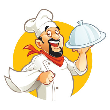 Smiling Chef cartoon character holding silver platter
