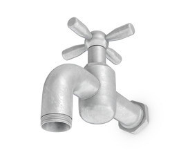 3d rendering of single metal water tap with a cross handle in a low angle view on a white background.