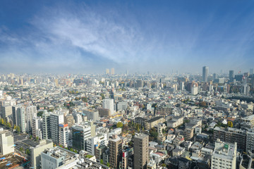 Fototapeta na wymiar Aerial skyscraper view of office building and downtown and cityscapes of Tokyo city with blue sly and clouds background. Japan, Asia
