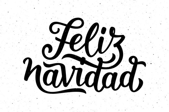 Feliz Navidad spanish Merry Christmas text on white background with craft paper texture. Retro letterpress poster with calligraphy lettering for season greetings. Vector background