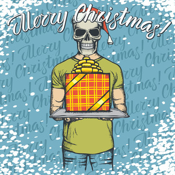 Vector illustration of skull on Christmas with gift