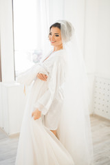 Portrait of beautiful bride with fashion veil at wedding morning.