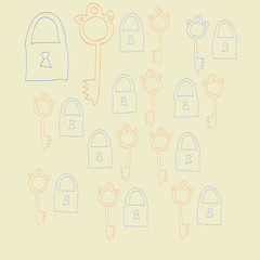 Keys and locks pattern . Hand drawn.