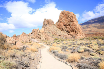 Hiking trail in the El Teide National Park on Tenerife Island, Canary Islands, Spain