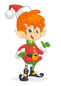 Vector illustration of Christmas boy elf cartoon. Cute Happy Dwarf Santa Helper Presenting