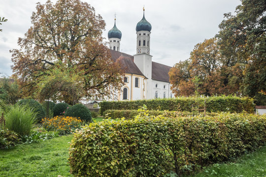 The towers of Benediktbeuern Abbey with the gardens