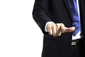 Close up Cropped portrait of young businessman with hand finger pointing at the screen. With copy space using for Business concept, business success concept, technology concept , social media concept.