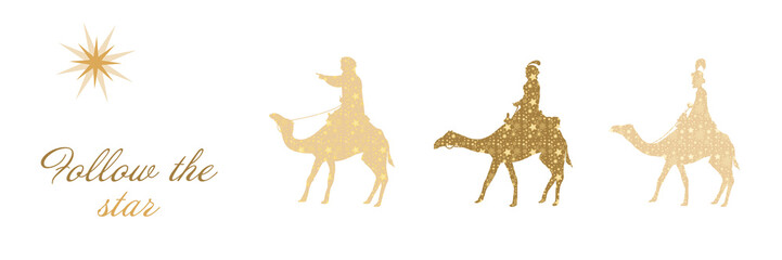Christmas time. The three kings follow the star to Bethlehem. Text: Follow the star.