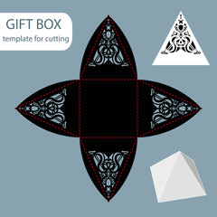Paper gift box, lace pattern, pyramid with a square bottom, cut out template, packaging for retail, greeting packaging, can be laser cut, vector illustrations.