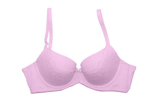 Top view of woman's pink bra on white background