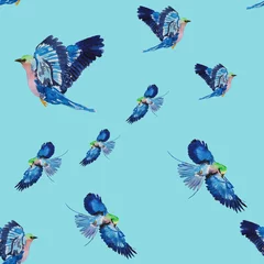 Fotobehang Vlinders blauwe vogel aquarel patroon