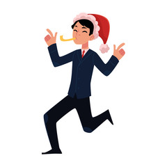 Man in Santa Claus hat having fun blowing whistle at corporate Christmas party, cartoon vector illustration isolated on white background. Man in business suit and Santa Claus hat celebrating Christmas