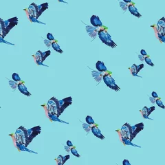 Deurstickers Vlinders blauwe vogel aquarel patroon