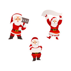 Set of funny Santa Claus characters holding Christmas banner, sign, board, flat cartoon vector illustration isolated on white background. Santa Claus holding empty sign, banner, board, Christmas set