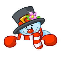 Little cute smiling snowman with scarf and woolen cap holding blank scroll for text invitation. Christmas or New year vector illustration 