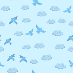 Blue bird and cloud watercolor pattern