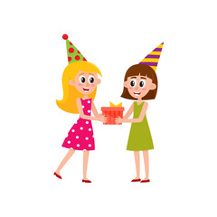 vector flat girl in green dress and party hat giving big present box in bright wrapping and bow to excited woman in pink dotted dress celebrating birthday. Isolated illustration on a white background.