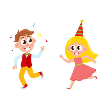 vector flat cartoon boy and girl kid dancing in party hat, running and throwing musik confetti smiling . isolated illustration on a white background. Kids patty concept