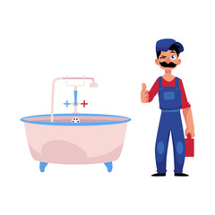 vector cartoon handsome man blumber in working uniform holding case with tools and equipment showing thumbs up, winking standing near fixed bath tube. isolated illustration on a white background