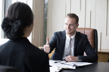 Businessman interview woman for work at office. Man working Concept