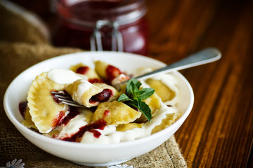 Homemade sweet dumplings with berries and sour cream