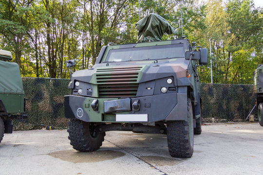 German Armored Military Police Vehicle Stands On Platform