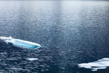 Fototapeta na wymiar Ice fragments in river or lake water, blue background