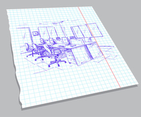 Hand drawn sketch of the interior on a notebook sheet. Quick drawing of office furniture. Vector illustration in sketch style.