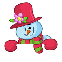 Little cute smiling snowman with scarf and woolen cap holding blank scroll for text invitation. Christmas or New year vector illustration 